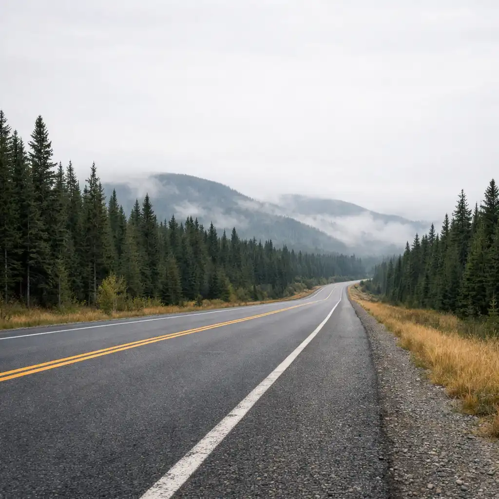Two-lane highway leading through evergreen forest toward misty hills