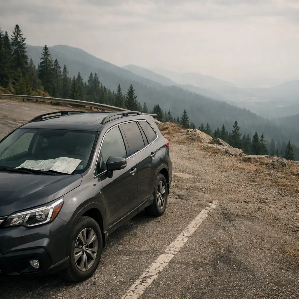 Unbranded SUV beside a quiet mountain road turnout, used as editorial atmosphere