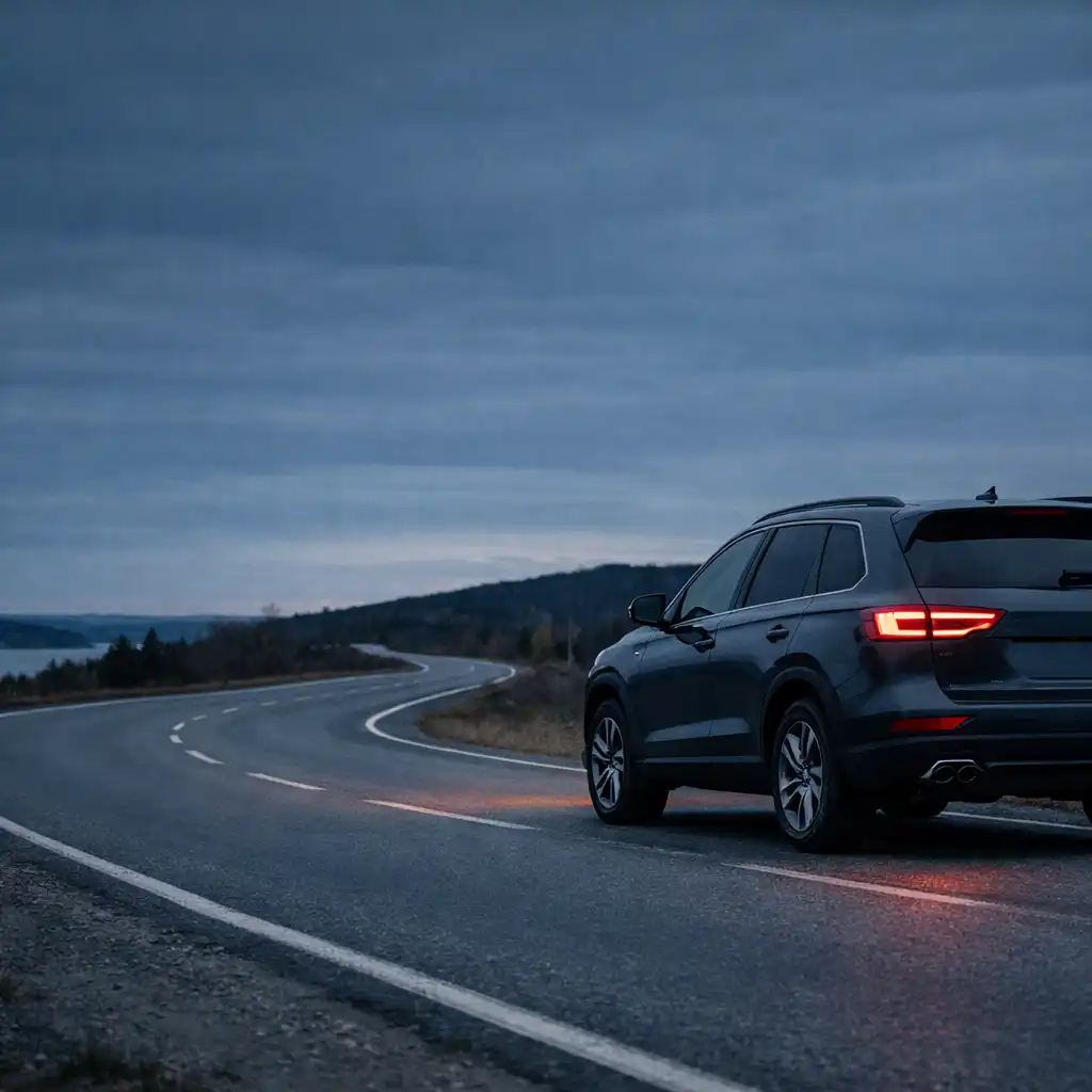 Unbranded SUV on a curving road at dusk, used as editorial road context