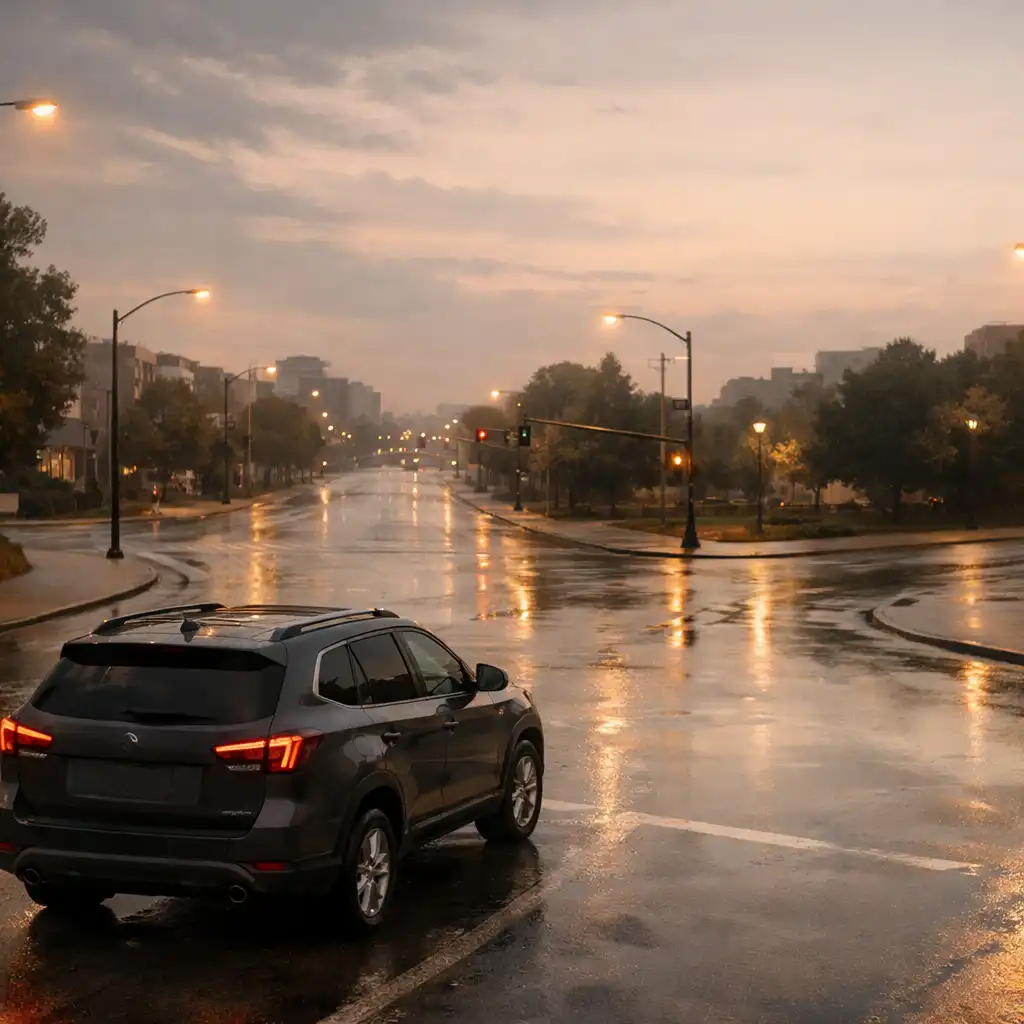Dark SUV at a wet urban junction with several possible road directions