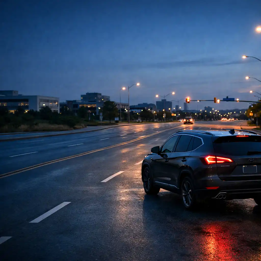A dark SUV travelling along a broad urban road with lane markings and a junction ahead.