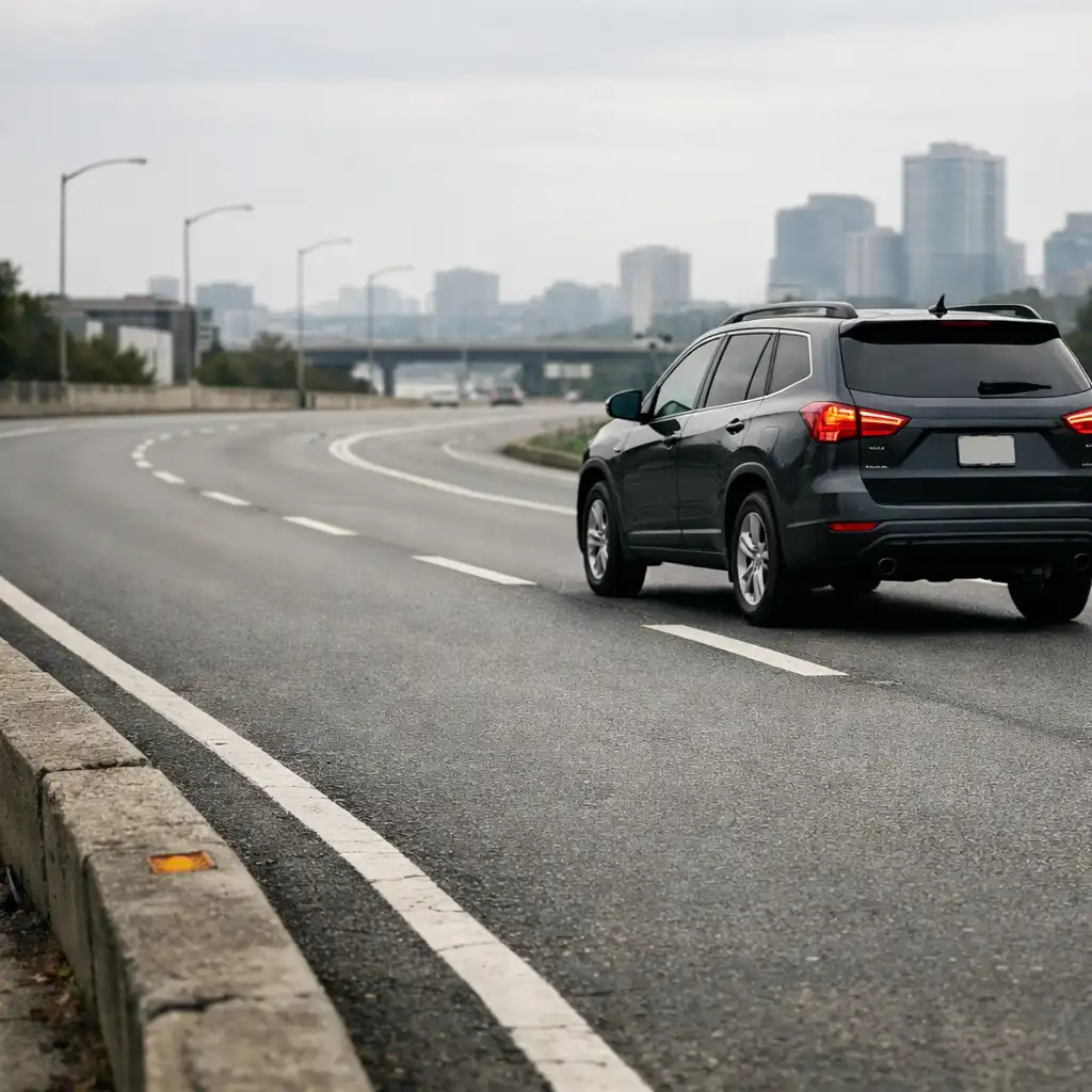 A dark SUV moving around a spacious urban curve with painted lane guidance.