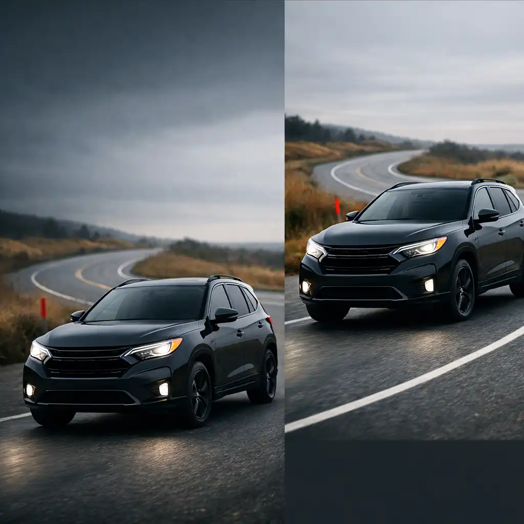 Editorial illustration of a dark SUV travelling through a broad paved corner