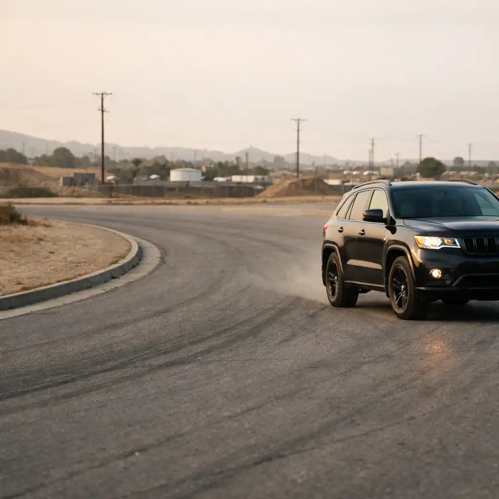 Dark SUV negotiating a wide empty paved bend