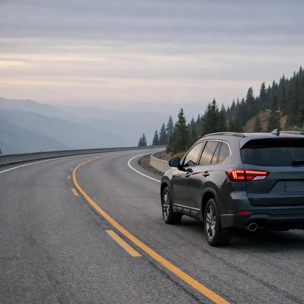 Dark SUV travelling along a broad mountain-edge road