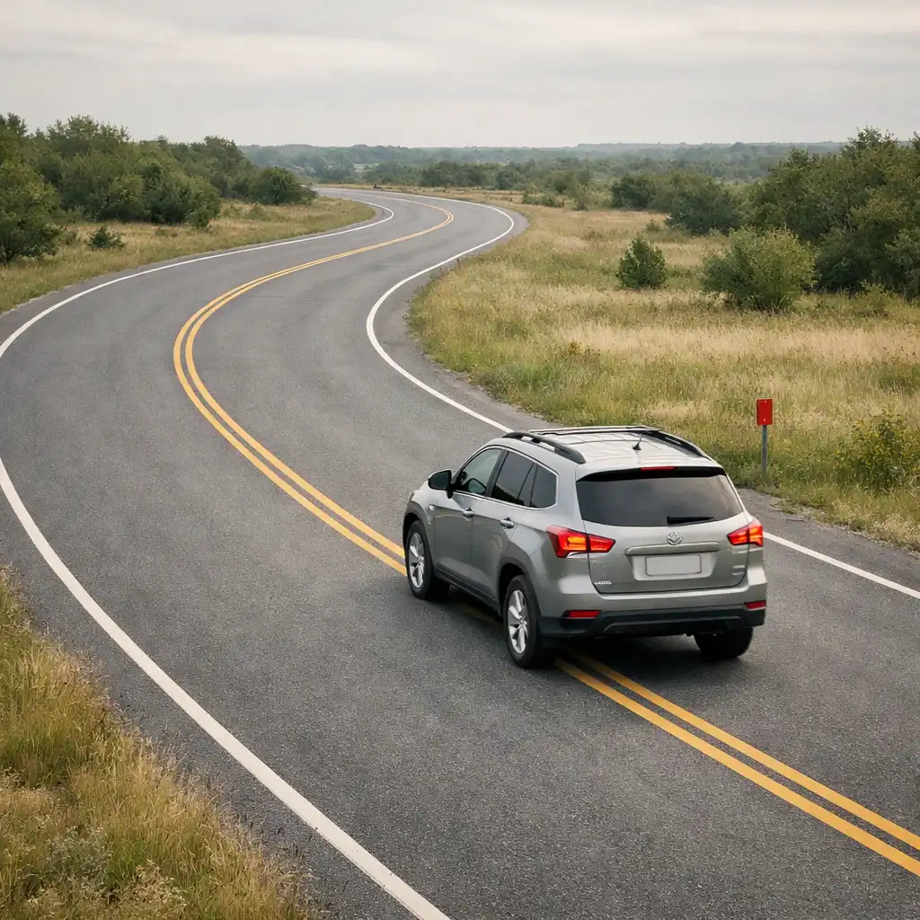 Editorial illustration of an SUV on an open gently curving paved road