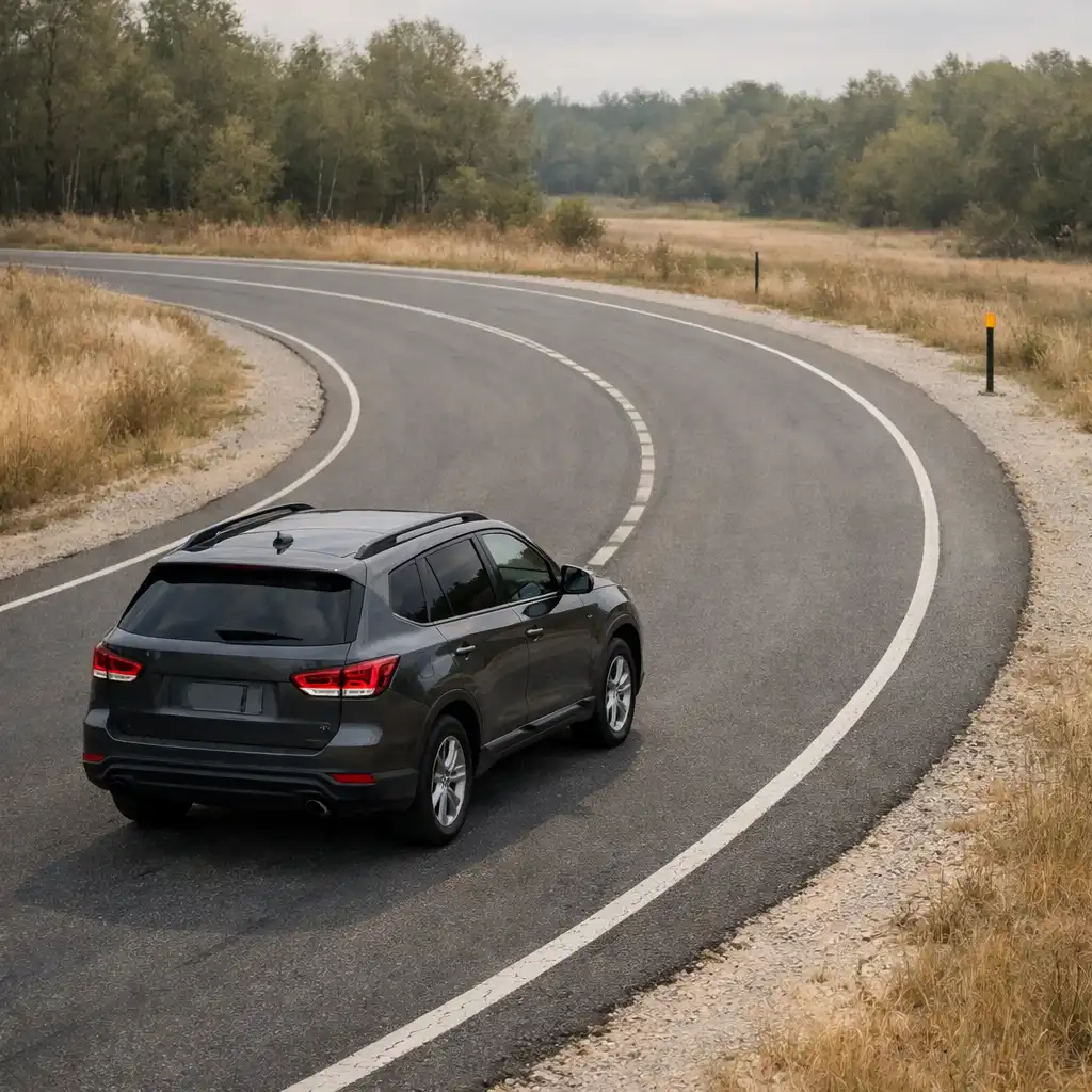 Editorial illustration of a charcoal SUV entering a sweeping paved bend