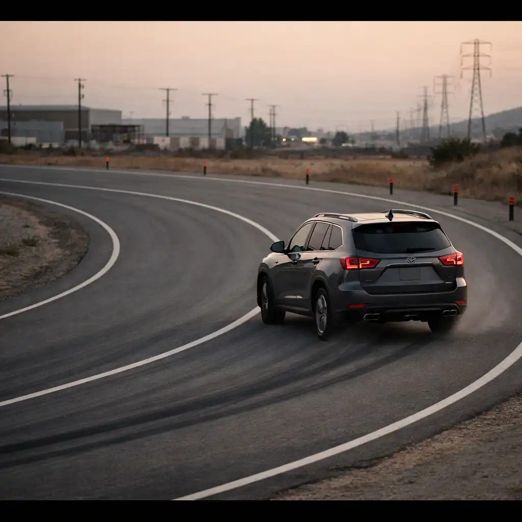 Editorial photograph of an SUV following a broad curve in an asphalt road