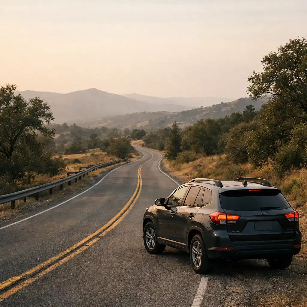 Illustrative unbranded SUV on a quiet scenic roadway