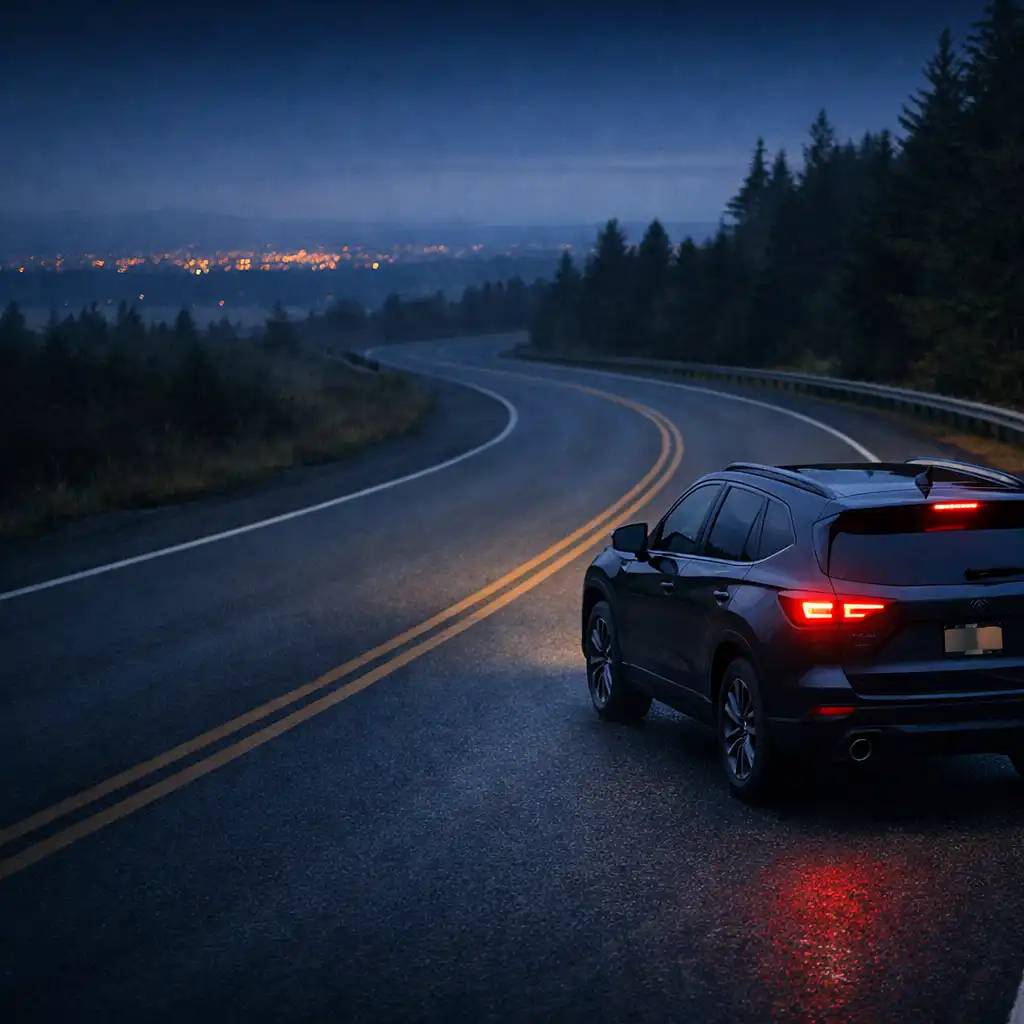 Dark SUV travelling along a winding paved road at blue hour