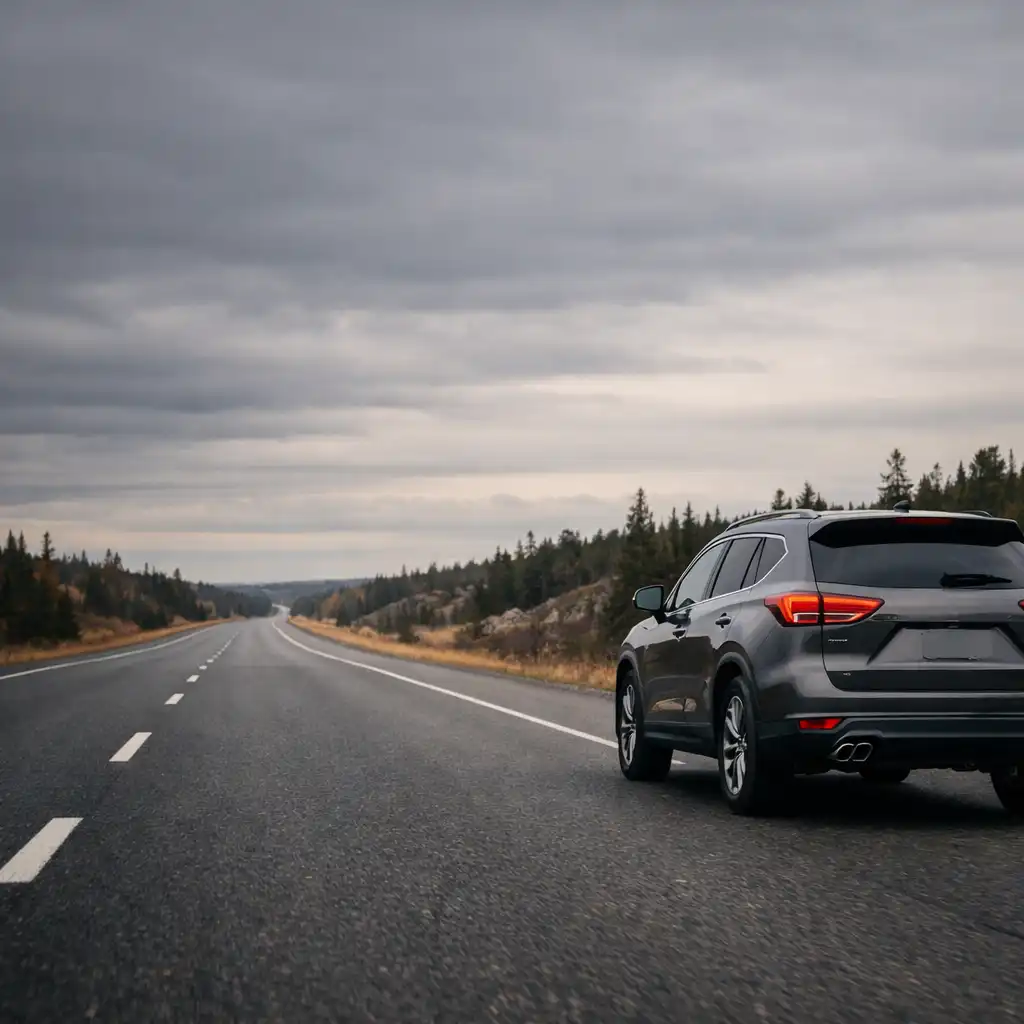 Editorial photograph of an SUV travelling on an open paved road