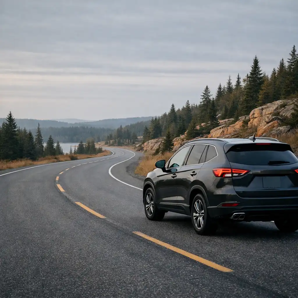Dark SUV travelling on a broad curving paved road in a northern landscape