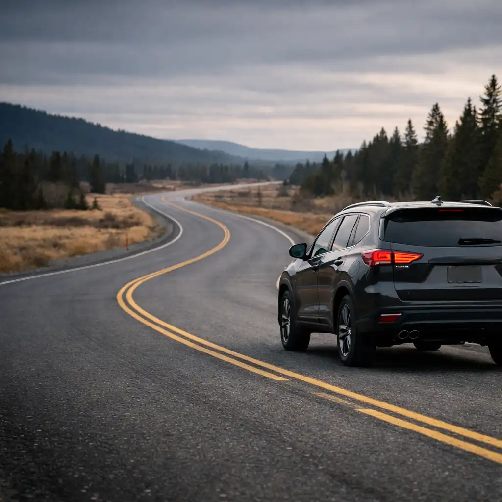 Illustrative unbranded SUV travelling along a curving paved road