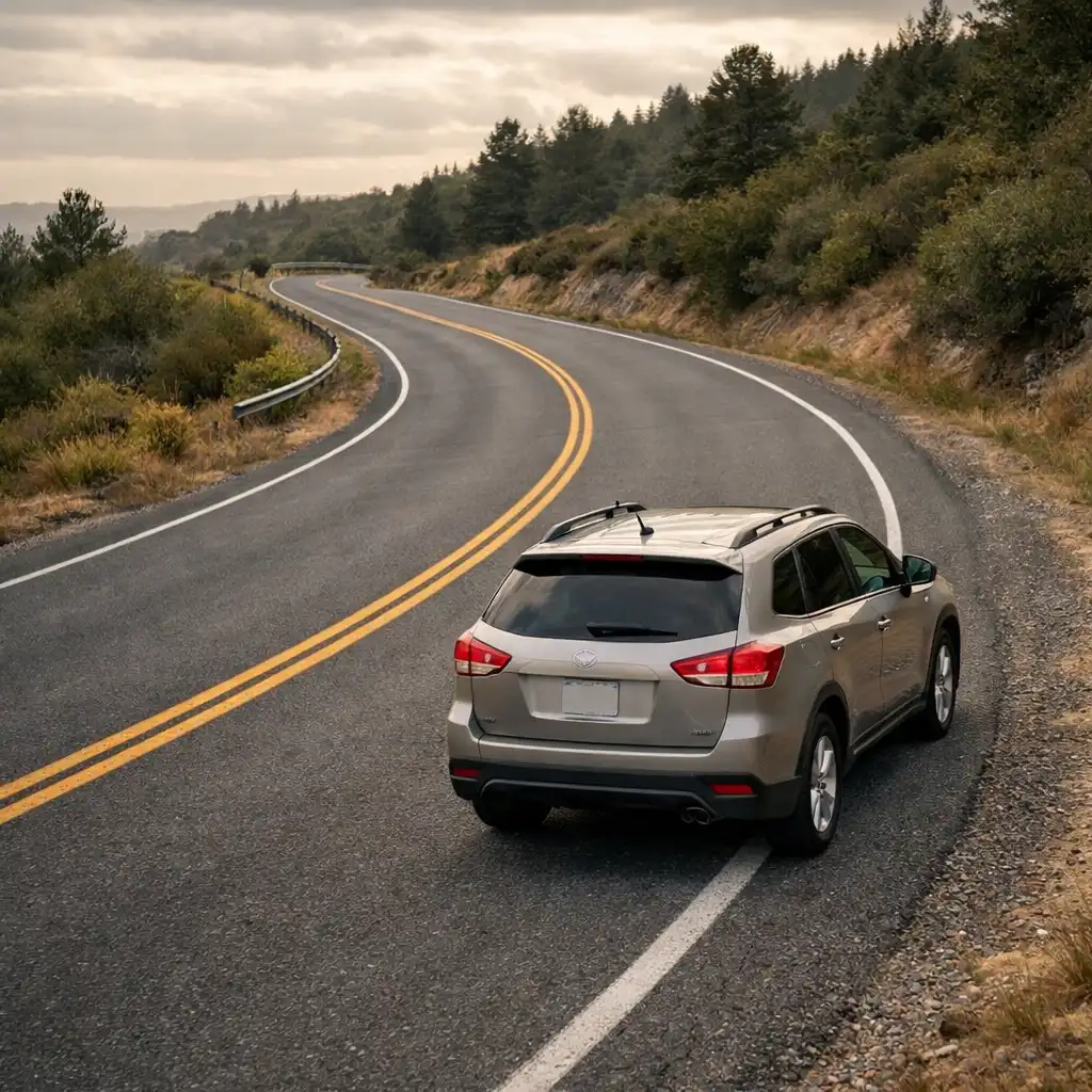 SUV approaching a visible bend with the road edge and vehicle position clearly shown