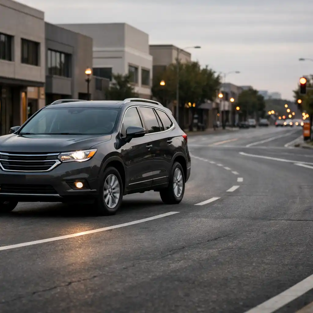 Dark SUV moving through a broad city street with visible lane markings